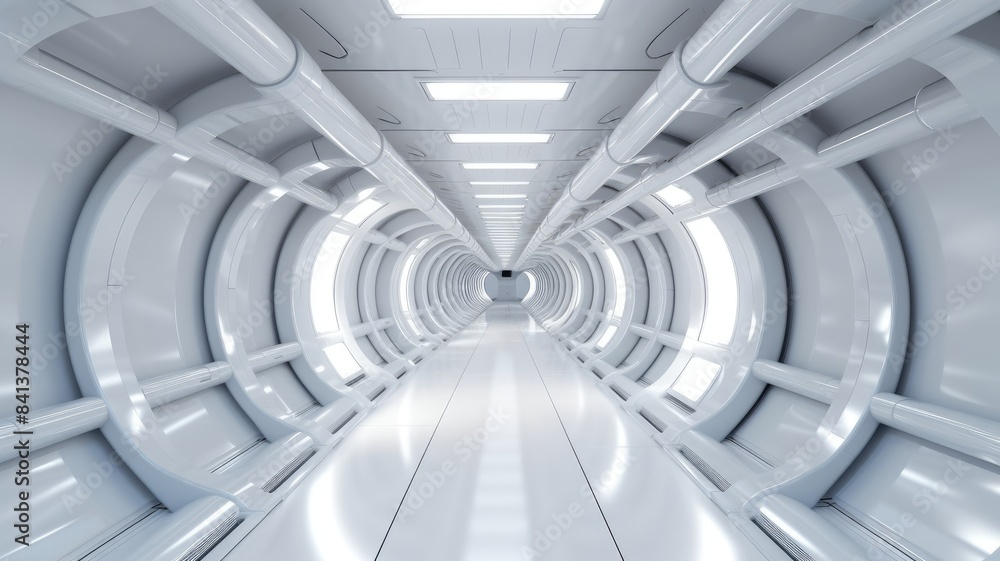 Poster futuristic corridor with circular architecture in a sci-fi spaceship. image of modern corridor of sp
