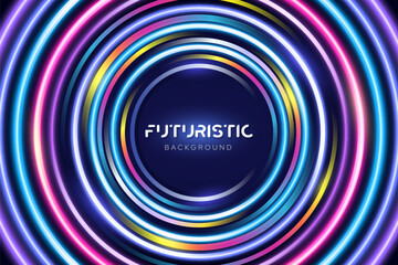 Modern futuristic neon light vibrant color circular background with circle frame in the middle, vector design