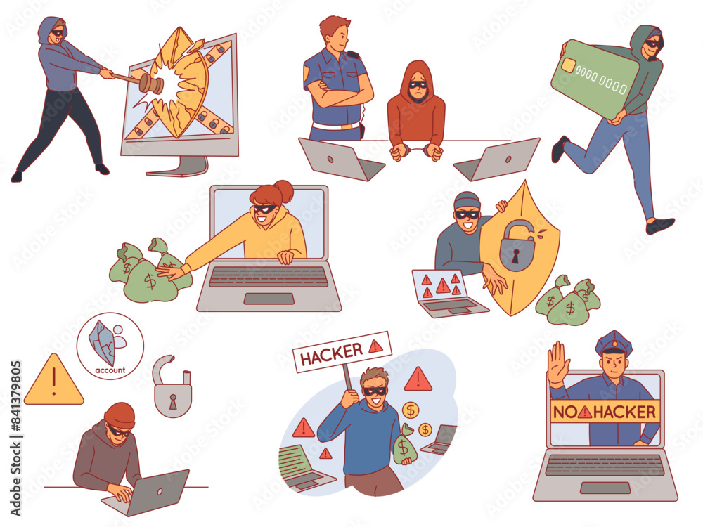 Poster cyber hackers scenes. hacking system and protection, data, information and money theft, secure web t