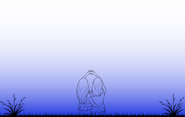 Continuous Line Drawing of Two Young Girls Sitting in a Garden - Vector Illustration on Blue and White Background