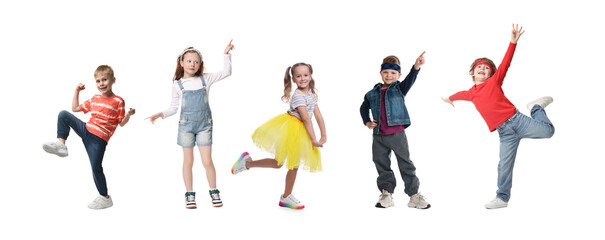 Group of different adorable children on white background