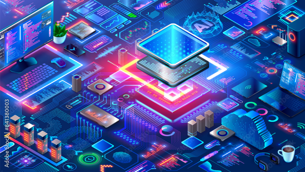 Fototapete Chip with AI control smart devices. Electronics CPU industry. Hardware, software computer technology. Development, engineering electronics systems, devices. AI Processor. Artificial Intelligence.