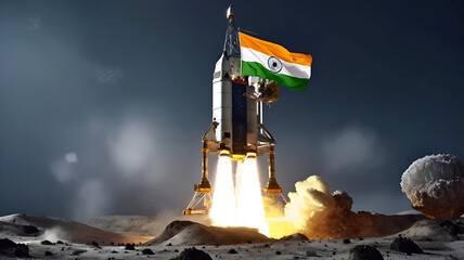 Chandrayaan 3 soft landing on the moon with Indian flag Ai generated
