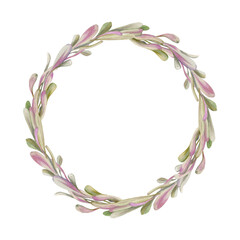 Hand drawn watercolor illustration shabby boho botanical flowers leaves. Ash elm maple seed poplar key fruit petal bud. Wreath frame isolated on white background. Design wedding, love cards, bouquet