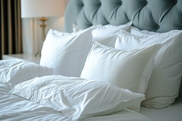 Crisp white pillows and sheets on a plush bed with a tufted headboard in a serene bedroom setting