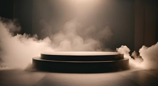A sleek black podium rising from a mist of dark smoke