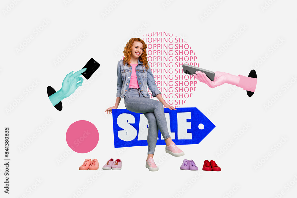 Sticker Trend artwork composite collage of young lady consumer hand appear hand hold phone online order clothes shoes buy black friday sale banner