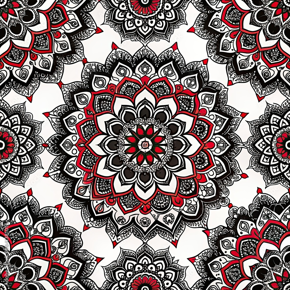 Aufkleber a repeating pattern of intricate mandalas in shades of red and black on a white background. generati