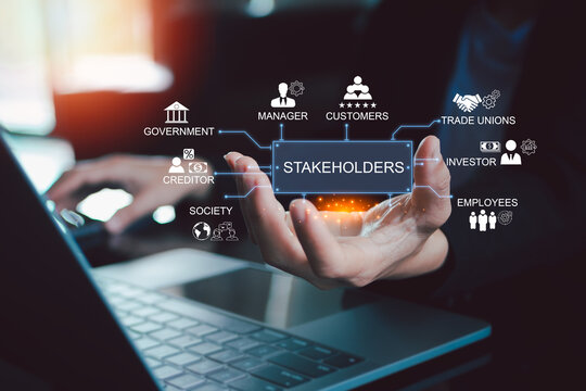 Stakeholders concept. Person touching stakeholders icon on virtual screen for business finance stakeholder investment management. Different stakeholders contact collaboration for company organization
