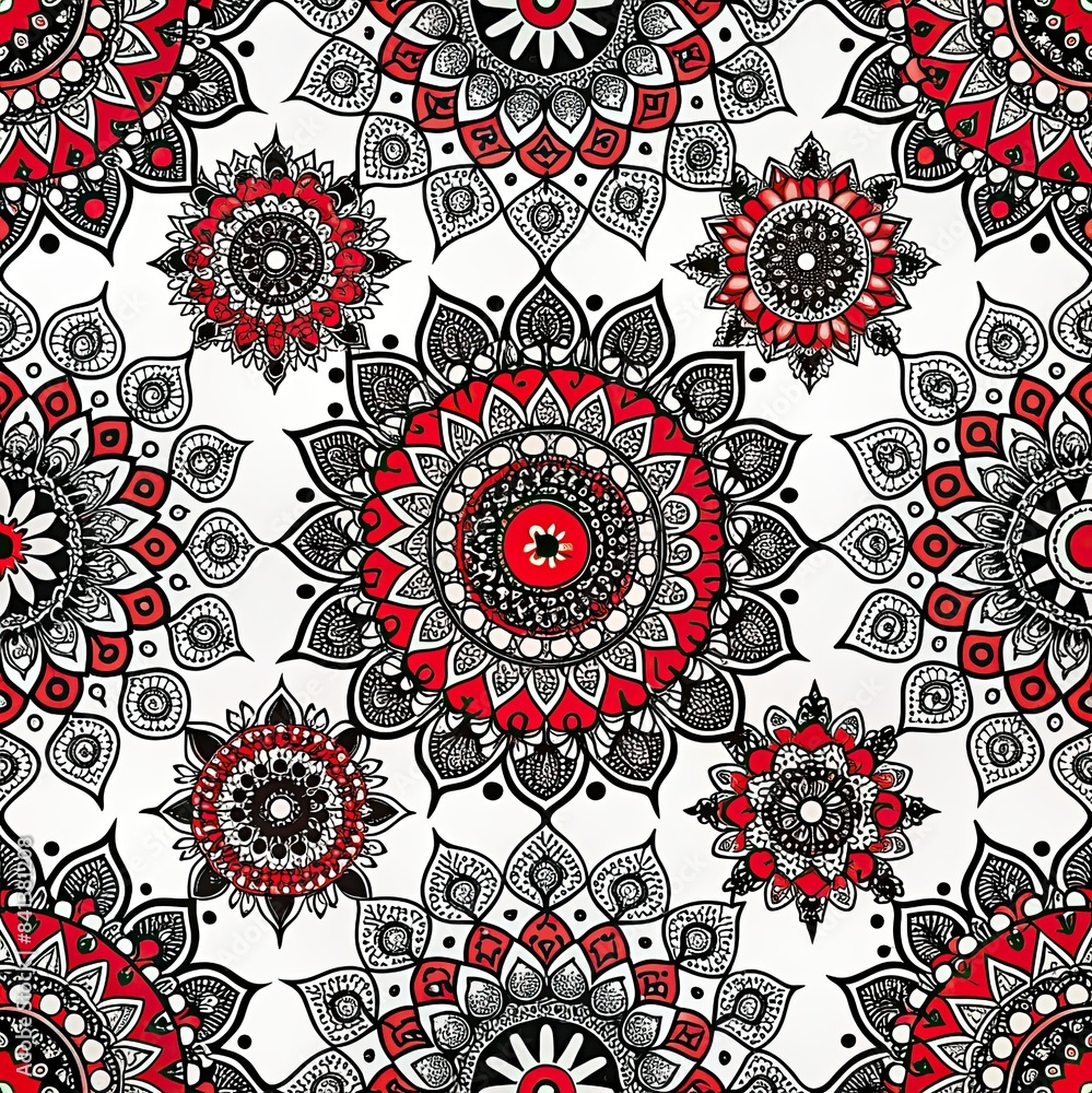 Aufkleber a repeating pattern of red and black mandalas on a white background. generative ai