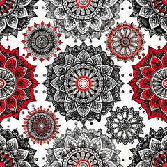 A seamless pattern of intricate black and red mandala designs on a white background. Generative AI