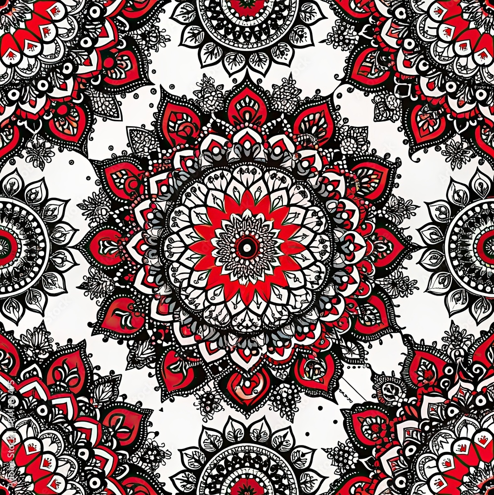 Poster a seamless pattern design featuring intricate red and black mandalas on a white background. generati