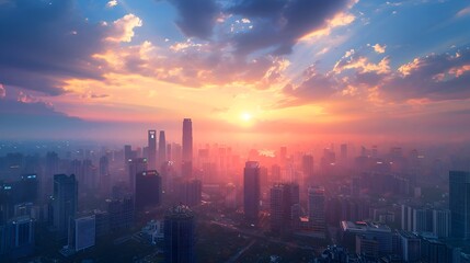 Fototapeta premium Magnificent Cityscape at Sunset Soaring Skyscrapers Illuminated Against the Dramatic Sky