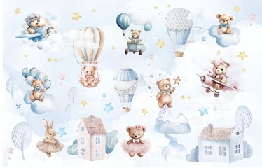 A child's drawing. A cute design for a children's room. Background for the wall. Photo wallpapers with cute animals. Watercolor clouds. Animals on balloons.