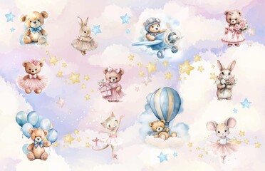 A child's drawing. A cute design for a children's room. Background for the wall. Photo wallpapers with cute animals. Watercolor clouds. Animals on balloons.