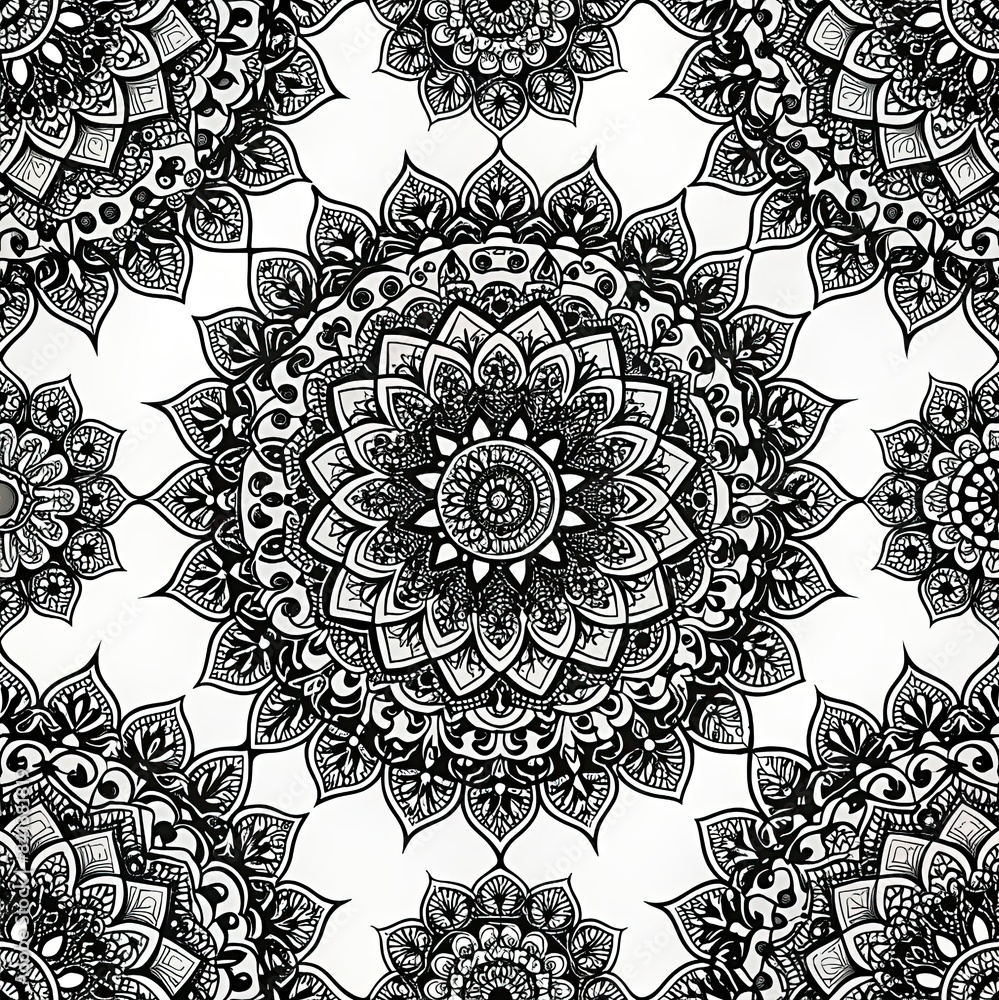 Aufkleber a close-up view of a black and white mandala seamless pattern. the intricate design features repeati