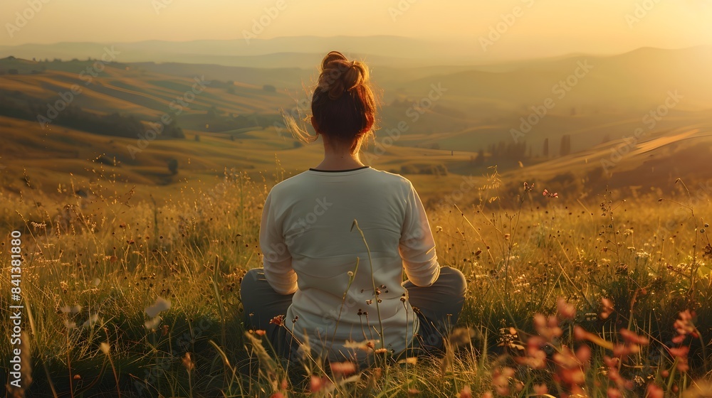 Poster Woman Practicing Mindfulness on Scenic Hilltop with Serene Setting