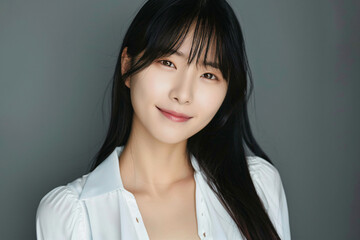 Obraz premium a woman with long black hair wearing a white shirt