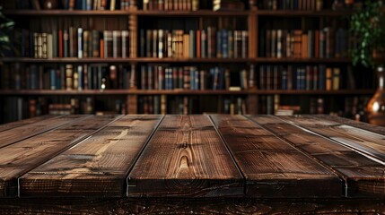 Elegant Wooden Table with Classic Library Backdrop for Books and Educational Product Displays