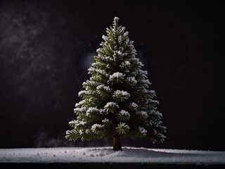 Christmas tree. fine tree in snow, black background soft lights, cinematic 