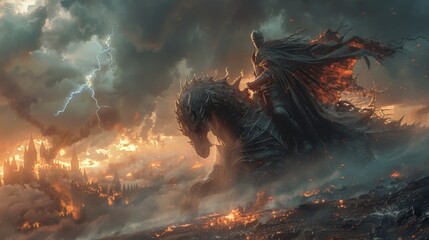 Naklejka premium Dark knight riding through burning land