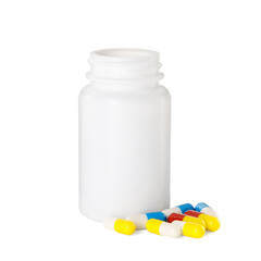 Antibiotic pills and bottle isolated on white