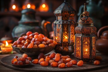 Bowl of dried dates fruit on white background with Ramadan lantern