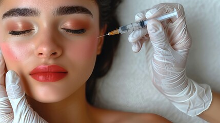 Beautiful girl on rejuvenation procedure in beauty clinic filler injection. Injection in her lips.