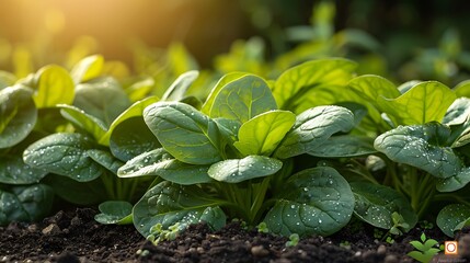 Lush spinach leaves growing in neat rows, illuminated by the golden morning sun.
