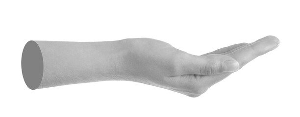 Woman's hand holding something on white background. Black and white effect