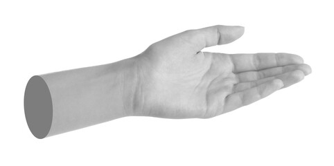 Woman's hand holding something on white background. Black and white effect