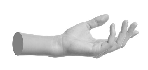 Woman's hand holding something on white background. Black and white effect