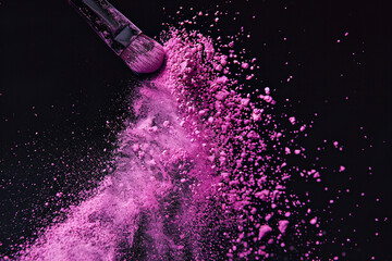 An artistic close-up of a makeup brush releasing a burst of pink powder against a dark, black background. The fine details of the brush bristles are captured as they scatter the vivid pink pigment,
