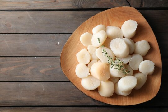 Fresh raw scallops and thyme on wooden table, top view. Space for text