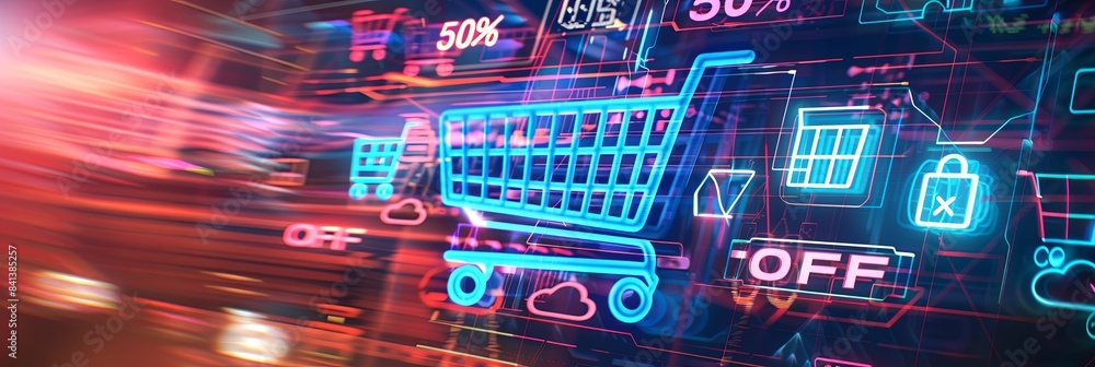Aufkleber A neon blue shopping cart with the words 50 OFF on a futuristic digital background with glowing lines and icons. Generative AI