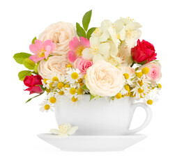 Aromatic herbal tea in cup with different flowers isolated on white