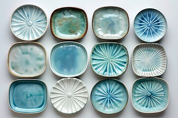 Light blue ceramic trays displayed on white background, top view of empty rectangle trays, for product display 