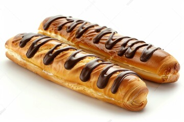 Freshly baked eclairs drizzled with rich chocolate sauce and accompanied by a twisted pastry roll, set on a light background