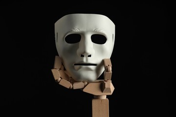 Wooden mannequin hand holding plastic mask on black background. Theatrical performance