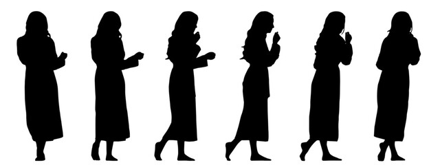 Vector concept conceptual black silhouette of a woman in a bathrobe from different perspectives isolated on white background. A metaphor for relaxation, wellness, beauty, health care and lifestyle