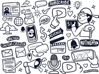 Hand drawn of content creator stickers set in black white style. Multimedia and entertainment concept.