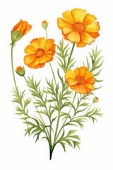 marigold themed frame or border for photos . with orange and yellow blooms. watercolor illustration, white color background. Botanical border for wallpaper or wrapping.