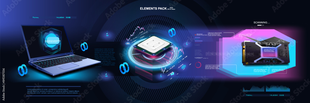 Poster cyber banner with powerful processor, video card and laptop. concept banner with modern digital grap