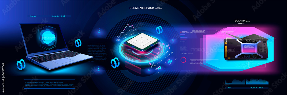 Poster cyber banner with powerful processor, video card and laptop. concept banner with modern digital grap