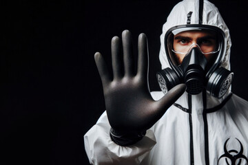 man scientist in protective hazmat suit with hand raised in stop gesture Isolated