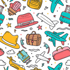 Design a seamless pattern featuring travel symbols like suitcases, sunshades and hats in flat line art style