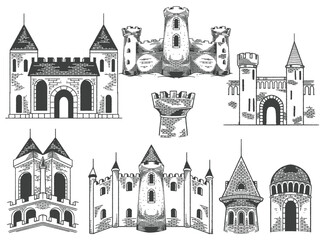 Hand drawn medieval castles drawing ancient building set in engraving black white style vector.