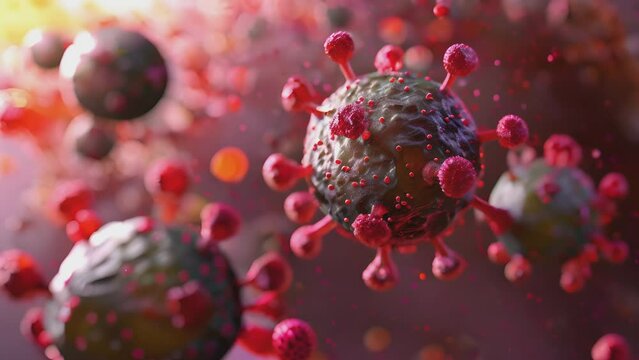 bunch of viruses are floating in the air. The viruses are brown and have a fuzzy appearance, Group of virus cells. 3D illustration, Coronavirus cells