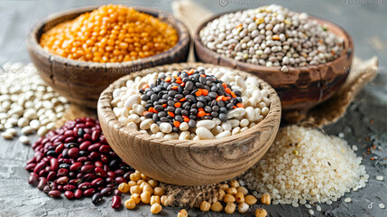 Fototapeta premium A bowl of different colored beans and rice is on a table
