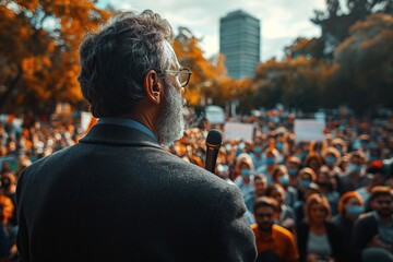 A man is seen from behind while speaking to an audience, with buildings in the background.